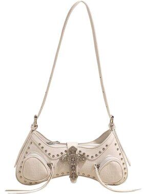 Women's Y2k Studded Cross Shoulder Handbags Punk Top Handle Crescent Underarm Ba